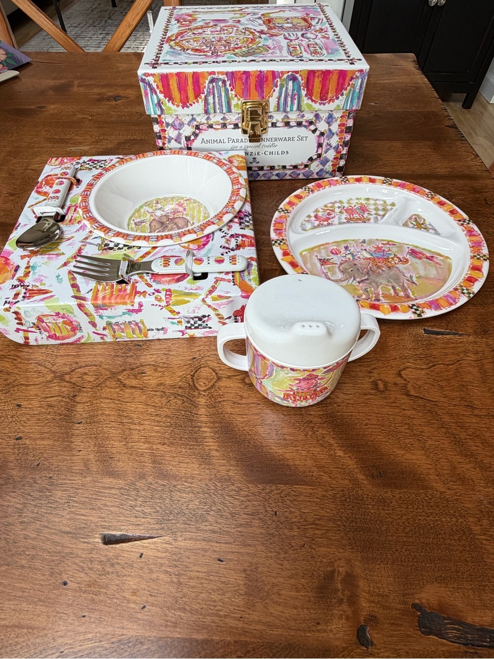 MacKenzie-Childs Animal Parade Kids Dinnerware Set - Pink, Orange, Yellow